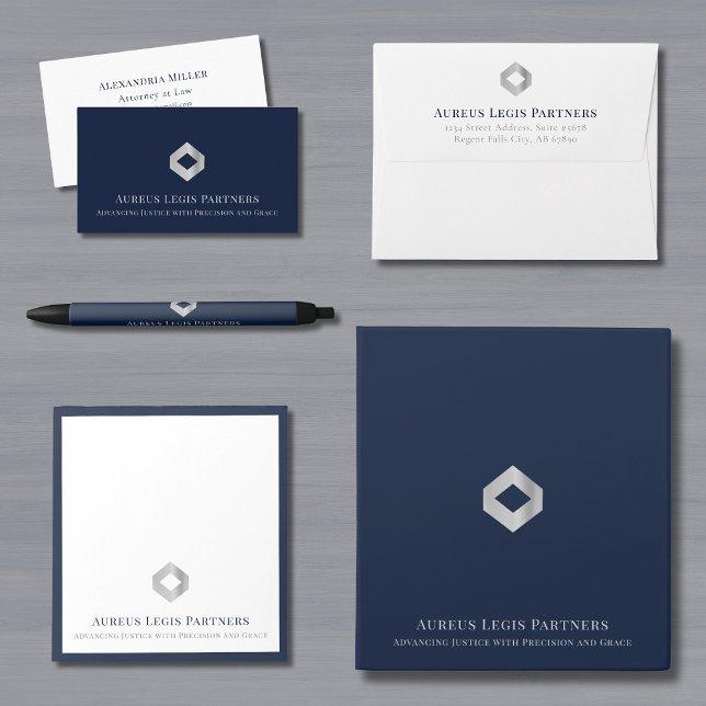 Law firm branded stationery set with overlaid text including business cards, pen, envelope, and folder.