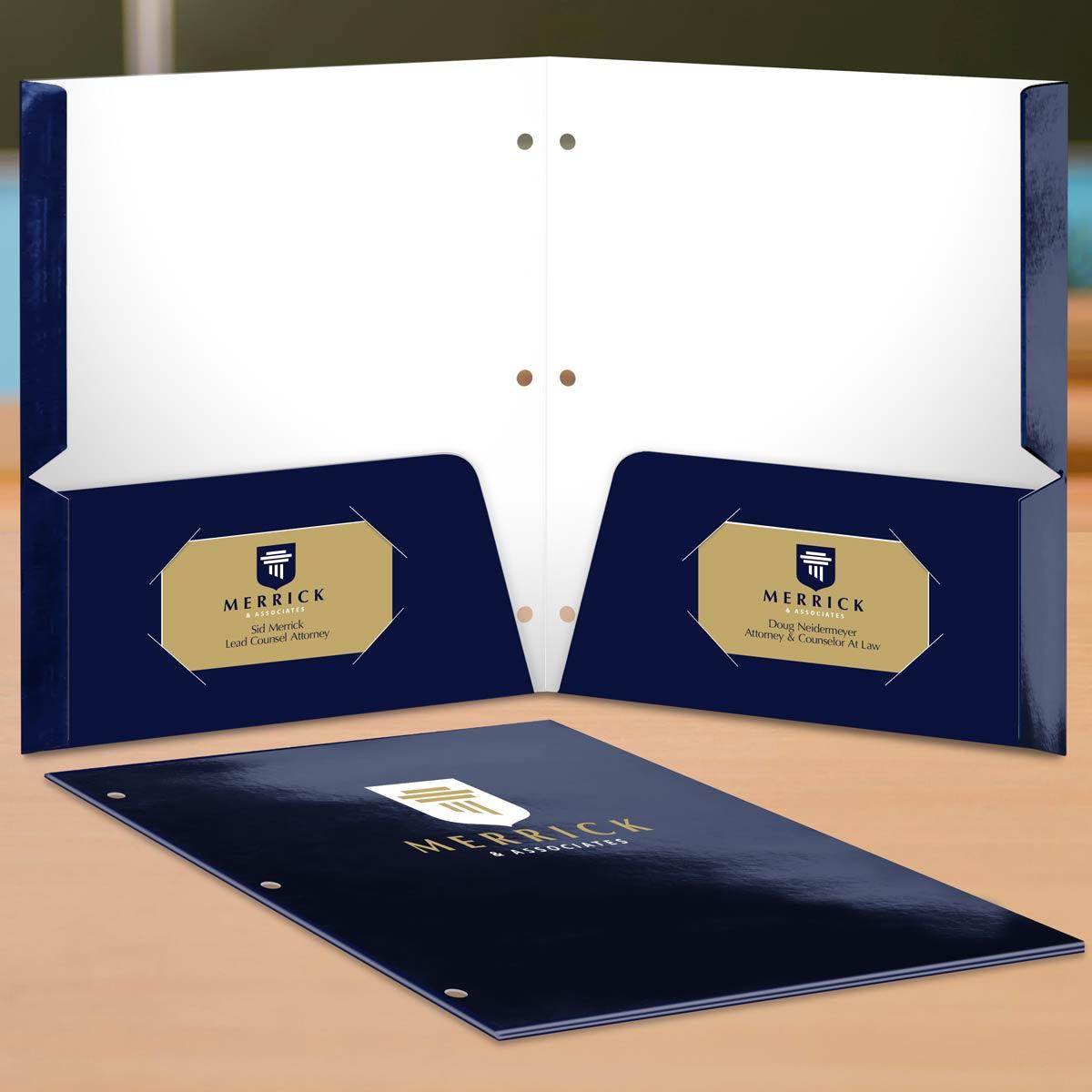 Open and closed navy blue presentation folders for law firms with overlaid text on front and inside pockets.