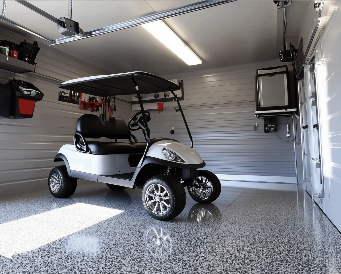 Golfcart in a garage with CrownWall storage and Granite Garage Floors premium concrete flooring