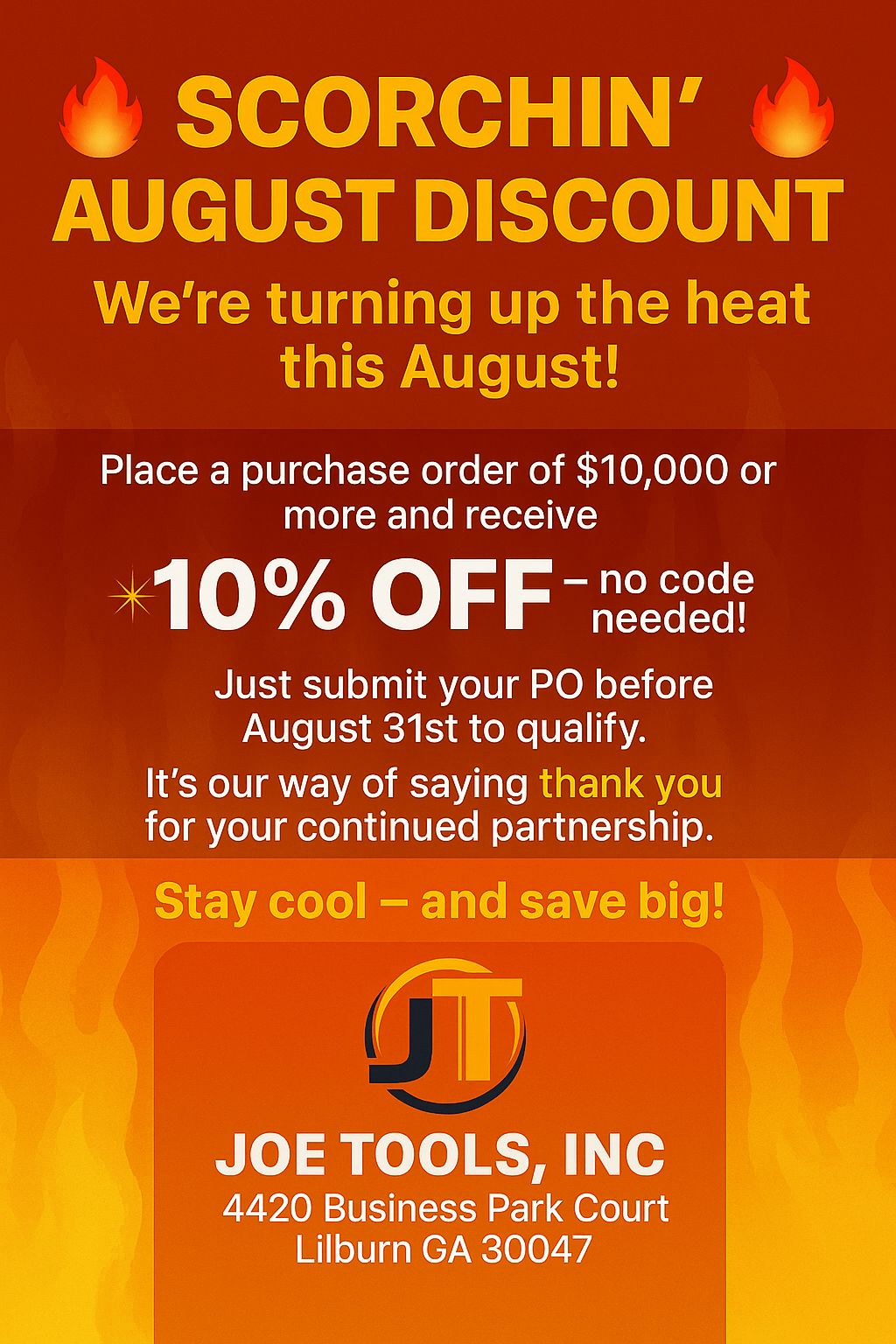 Joe Tools 10% off in August for orders over $10,000