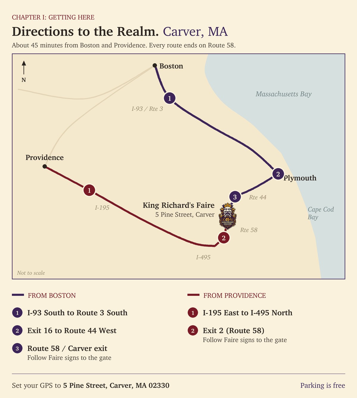 Map showing driving directions to King Richard's Faire in Carver, MA from Boston and Providence routes.