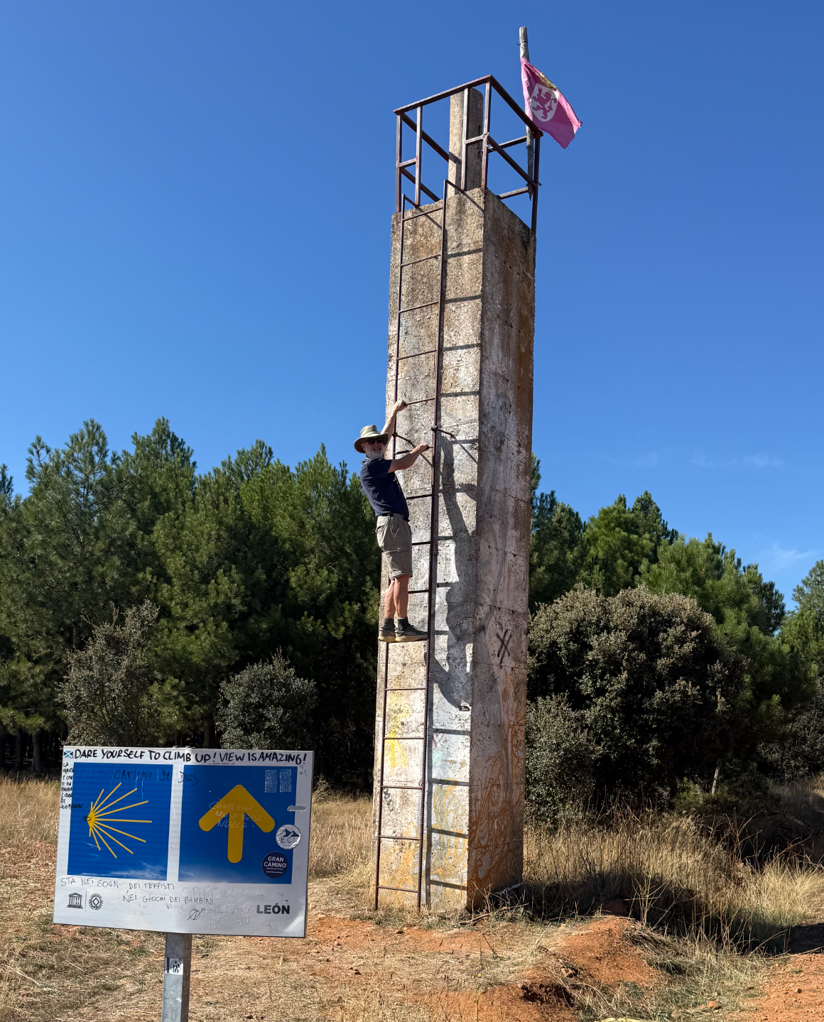 Person climbing a tall concrete tower with metal ladder near a hiking signpost and forest under clear blue sky.