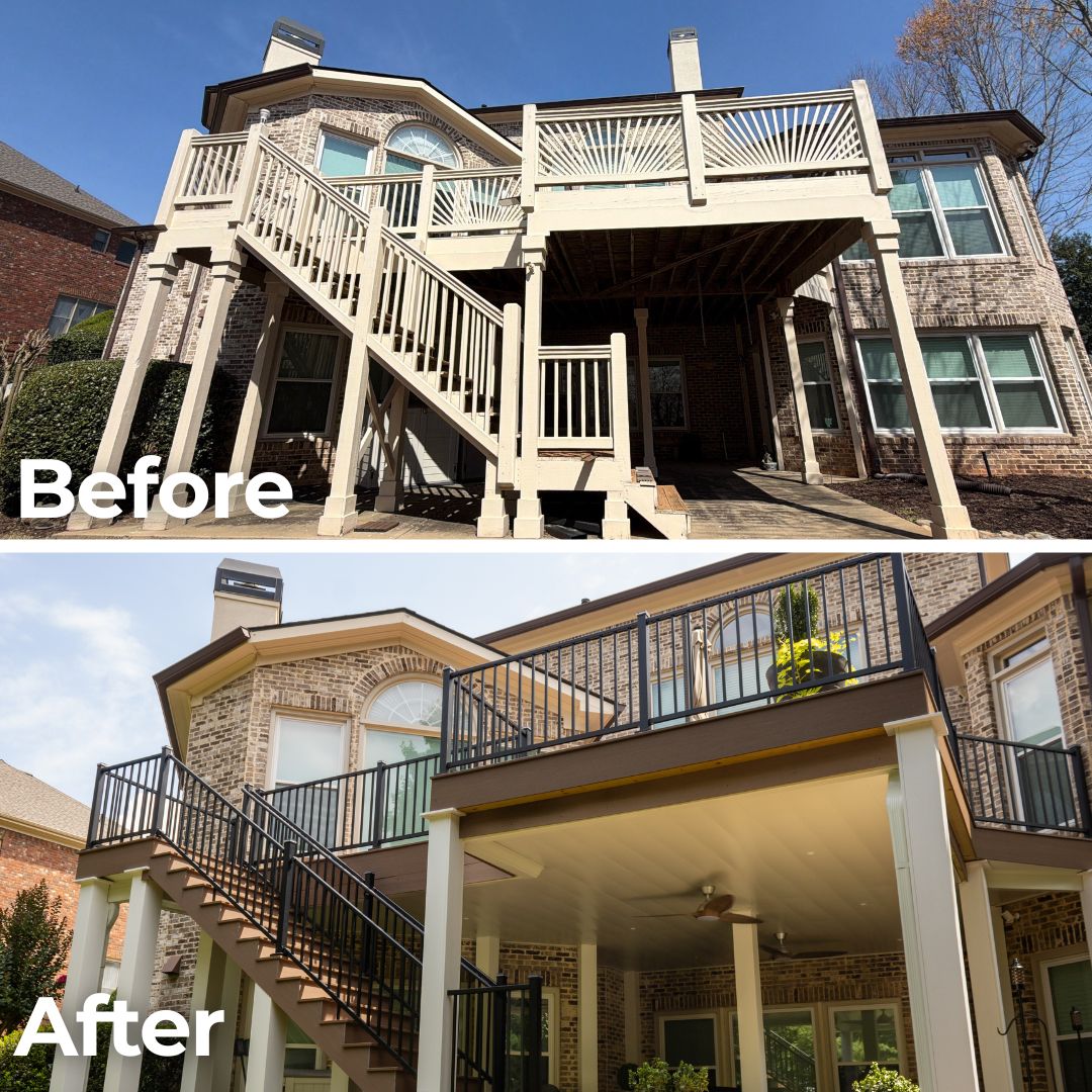 Before and after comparison of a multi-level residential deck remodel showcasing an upgrade to modern composite decking and sleek black metal railings, completed by Atlanta deck builders in Marietta by Nelson Exteriors.