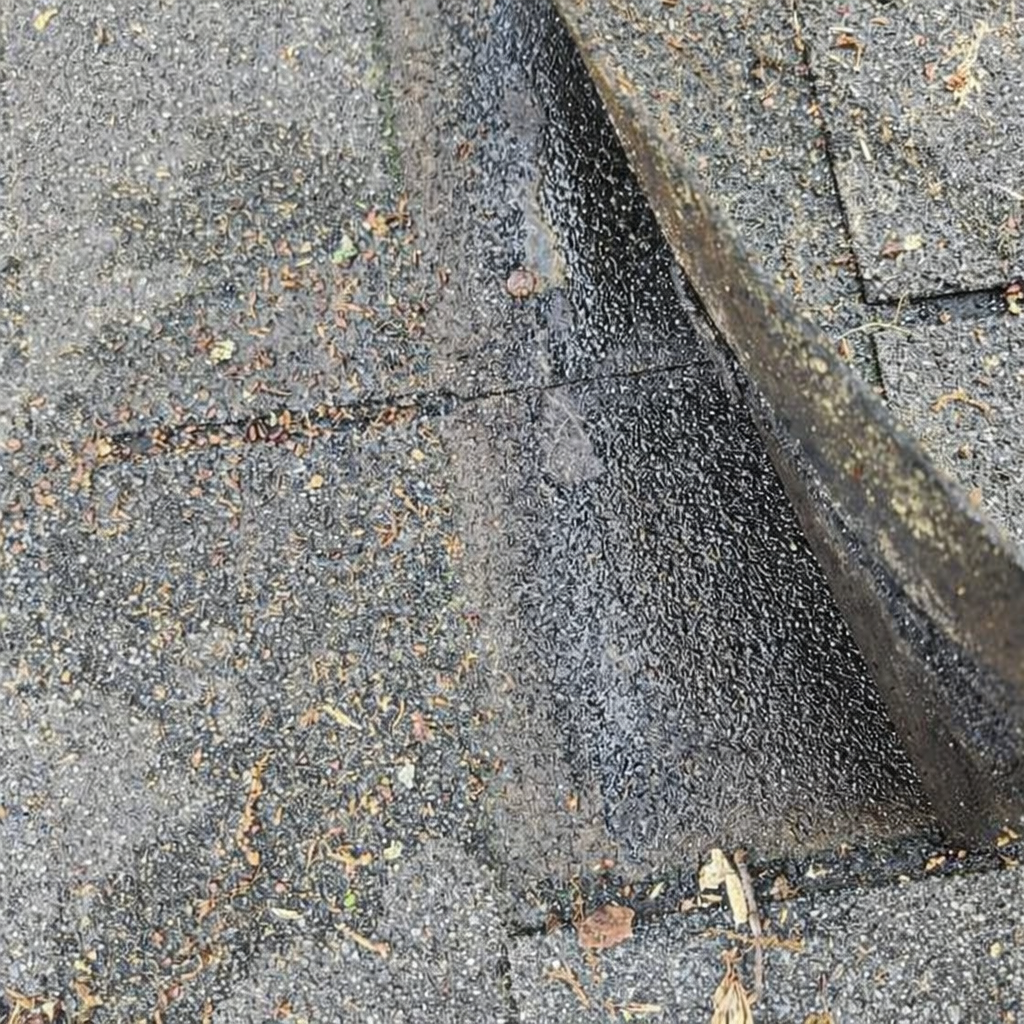 Close-up of a weathered asphalt surface with a lifted, moss-covered metal edge revealing darker, damp asphalt underneath. Small cracks, leaves, and debris are scattered across the pavement in Marietta