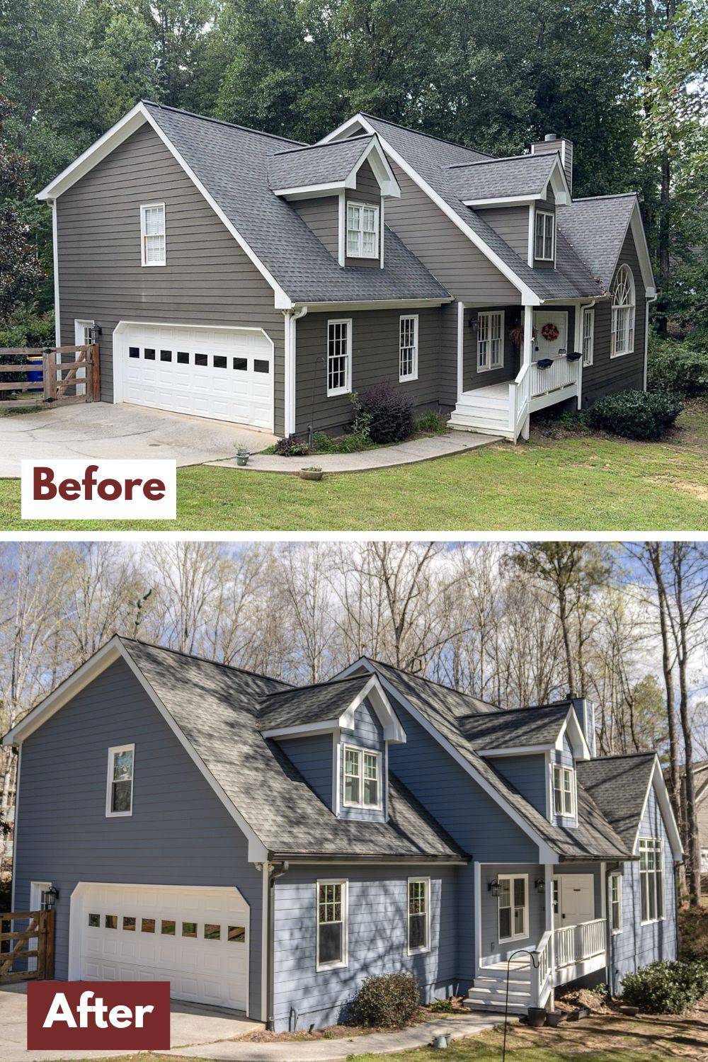 Before and after comparison of blue James Hardie siding installation on a two-story home james hardie vs other siding materials in Marietta by Nelson Exteriors