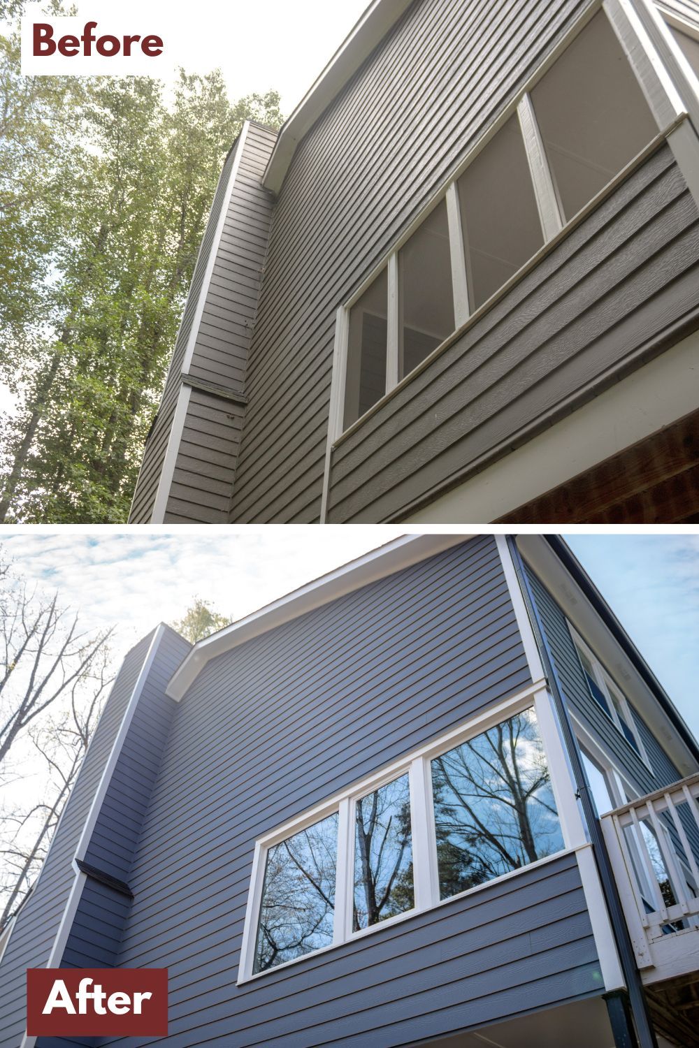 Before and after comparison of a home exterior transformed from faded brown to a striking deep blue lap siding, proving the value of James Hardie vs other siding materials in Marietta by Nelson Exteriors.