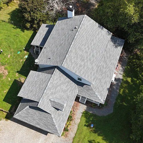 Drone view of completed roof from instant roof quote project by Nelson Exteriors in GA