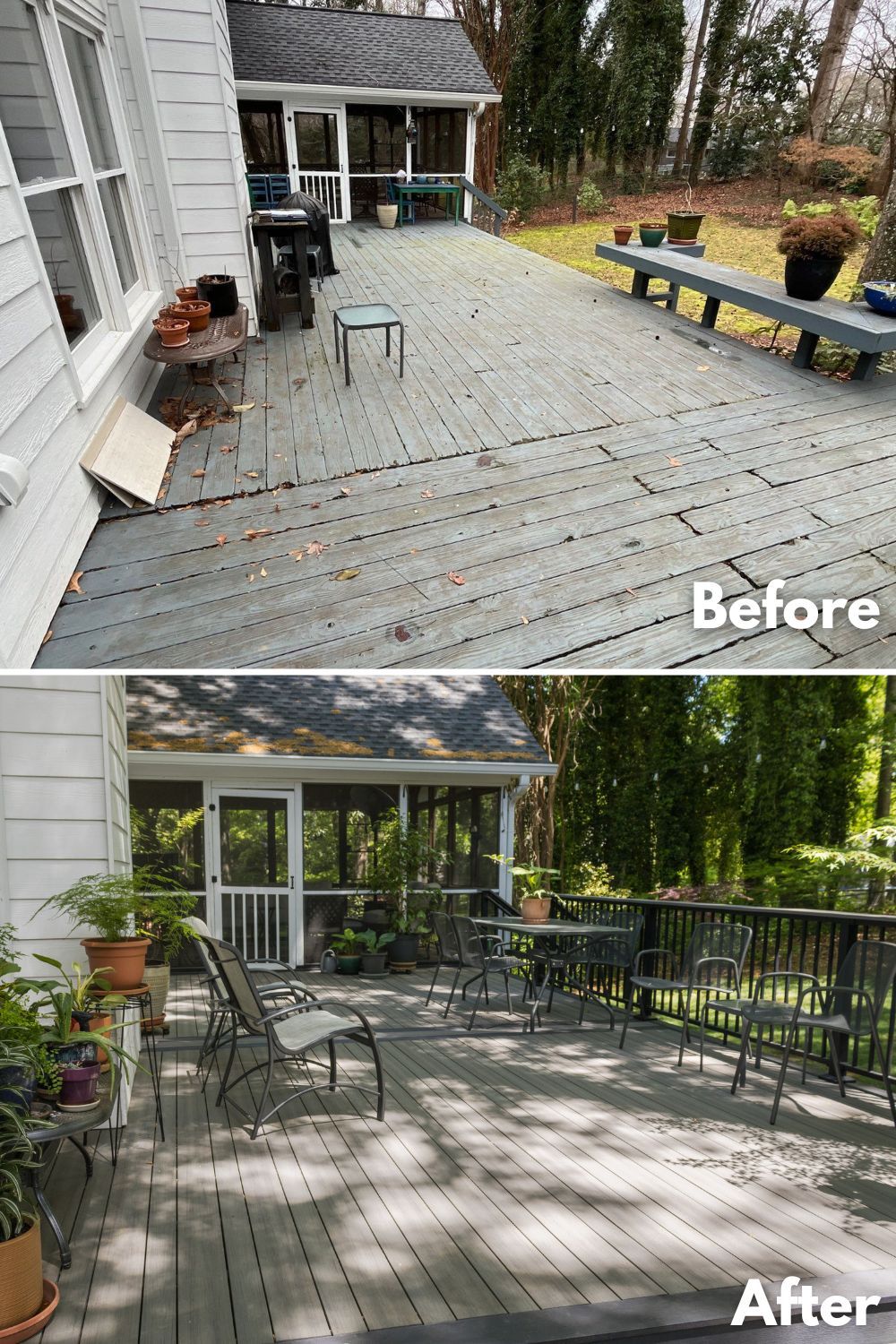 Before and after deck renovation showing upgraded outdoor living space for time and materials vs cost plus contract project in Marietta by Nelson Exteriors