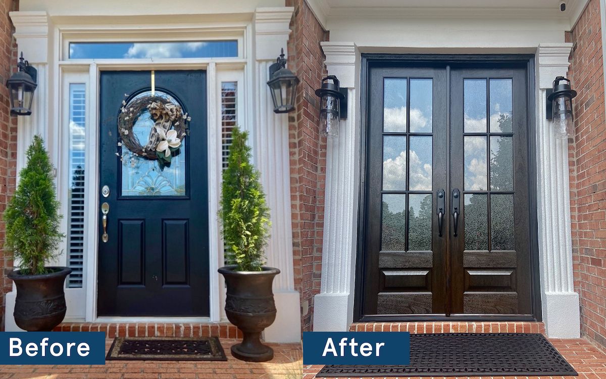 Before and After of a door with sidelites that was replaced by North Georgia Replacement Windows