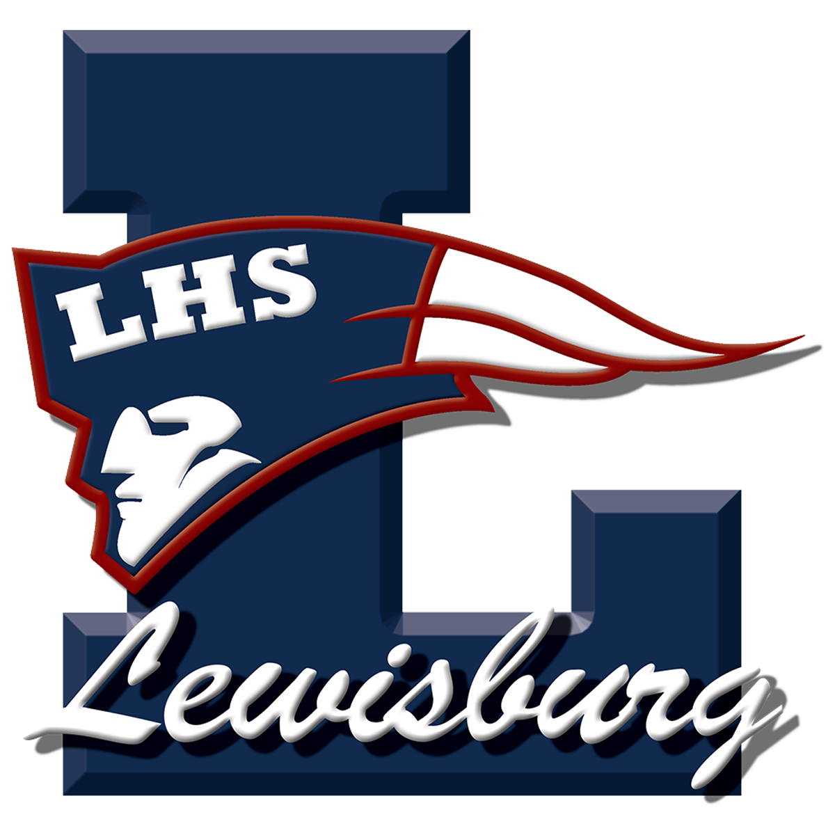 Lewisburg High School logo with a large navy L, a patriot head emblem, and cursive Lewisburg text