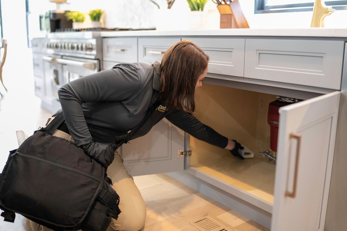 PestMaster technician inspecting under kitchen cabinet.