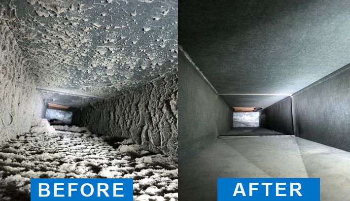 Before and after duct cleaning showing heavy dust and debris buildup removed from inside ductwork