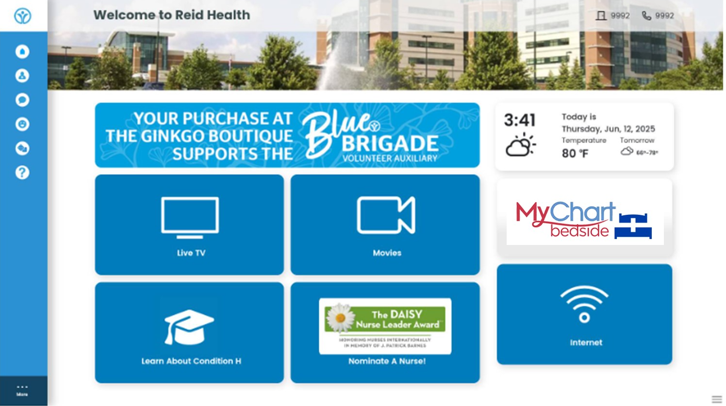 Screenshot of the homescreen of the Reid Health bedside terminal