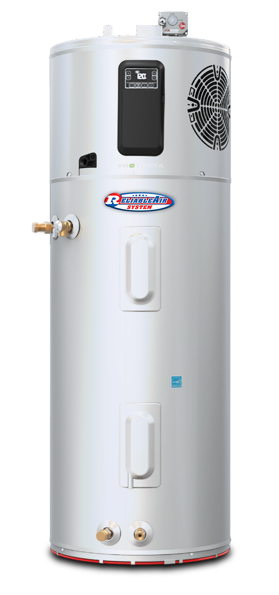 Tall white water heater with digital control panel, Reliable Air System logo, and brass fittings on transparent background