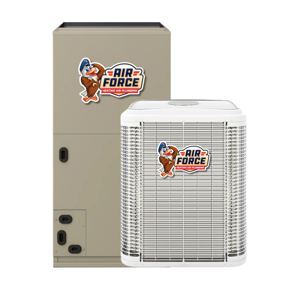 Air Force heating and cooling units featuring a mascot bird and company logo on beige and white HVAC equipment.