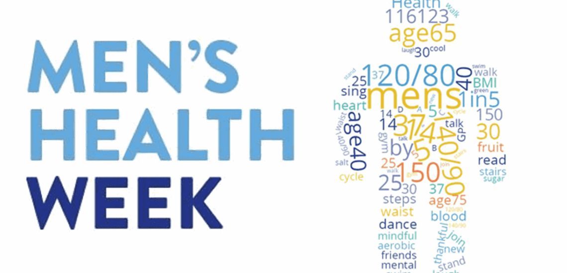 Word cloud of men's health terms in the shape of a person next to text that says 'Men's Health Week'