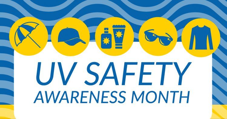Summer icons on a blue and yellow background above text saying 'UV Safety Awareness Month'