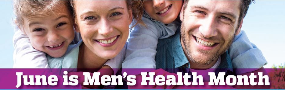 Close-up of a smiling family, huddled together with text that reads 'June is Men's Health Month'