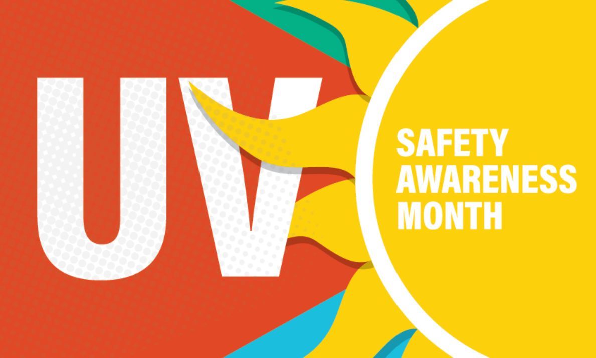 Yellow sun on a multicolor background with text that reads 'uv safety awareness month'