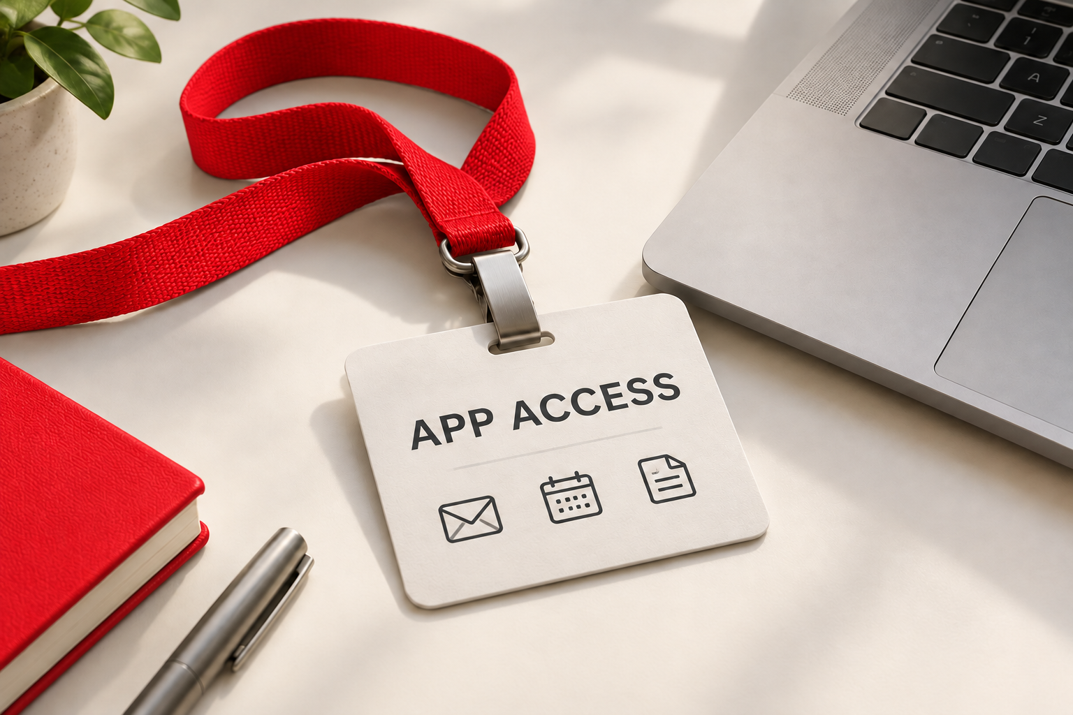 An APP ACCESS badge with a red lanyard beside a laptop illustrates how connected apps can receive permission to access business email, calendars and files.