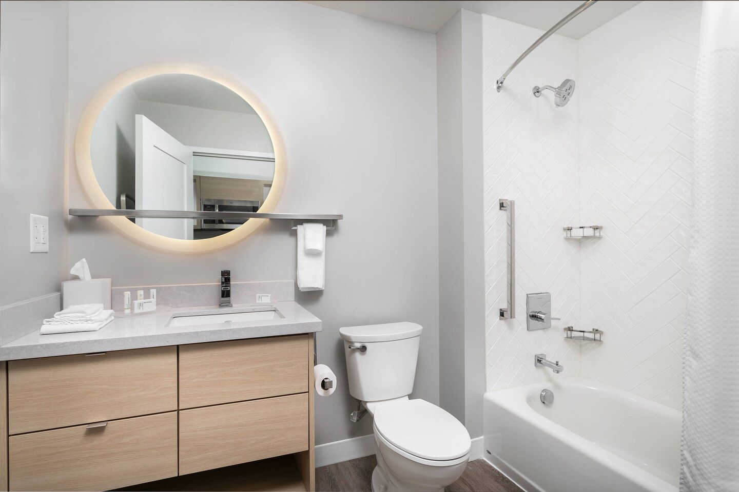 TownePlace Suites Guest Bathroom Vanity Cabinets, Quartz Countertops, Shower Surrounds, Shower Pans, Shower Doors
