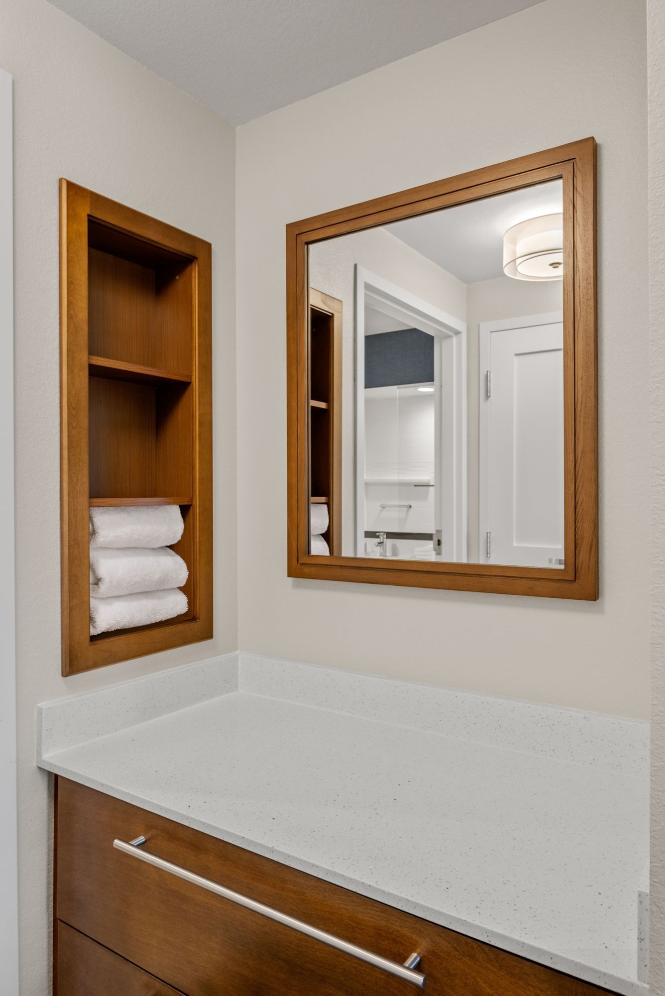 Residence Inn Guestroom Bath Vanity Cabinetry and Quartz