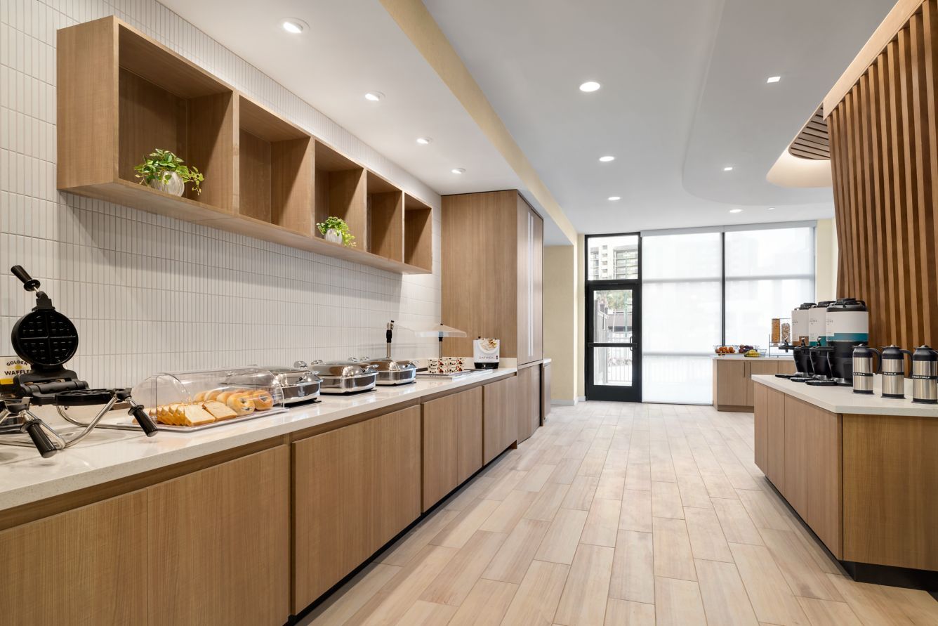 Springhill Suites by Marriott Custom Breakfast Area Millwork, including Weave Wall and Countertops