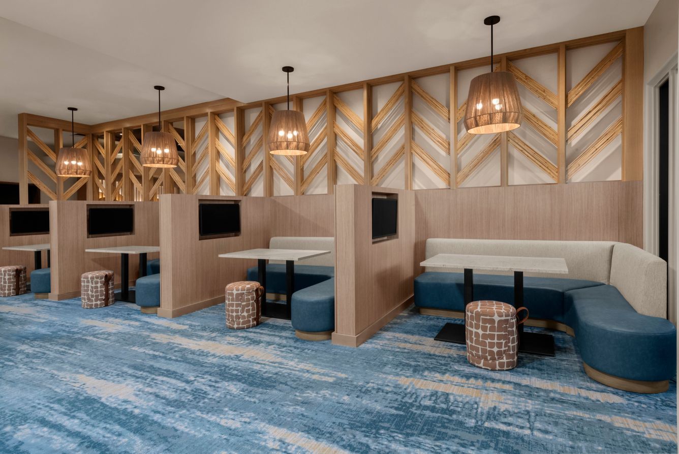 Courtyard by Marriott Custom Media Pod Millwork and Textured Focal Wall