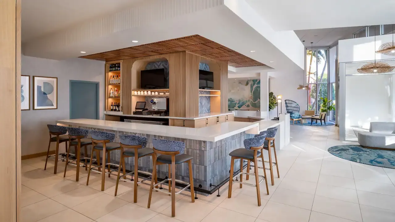 Hyatt Place Custom Bar Finishes, including Countertops, Wood Focal Wall, and Ceiling