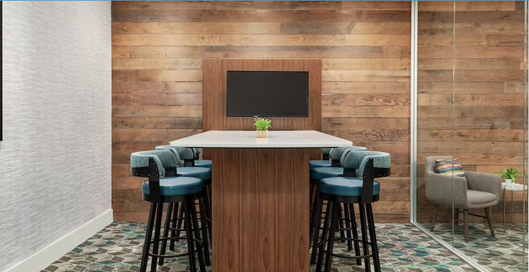 Hilton Garden Inn Custom Communal Table Quartz and Wall Millwork