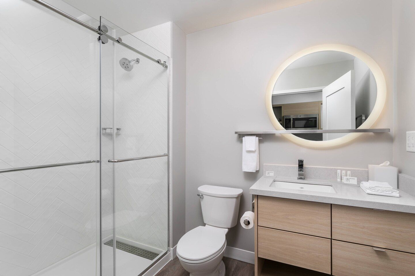 TownePlace Suites Guest Bathroom Vanity Cabinets, Quartz Countertops, Shower Surrounds, Shower Pans, Shower Doors