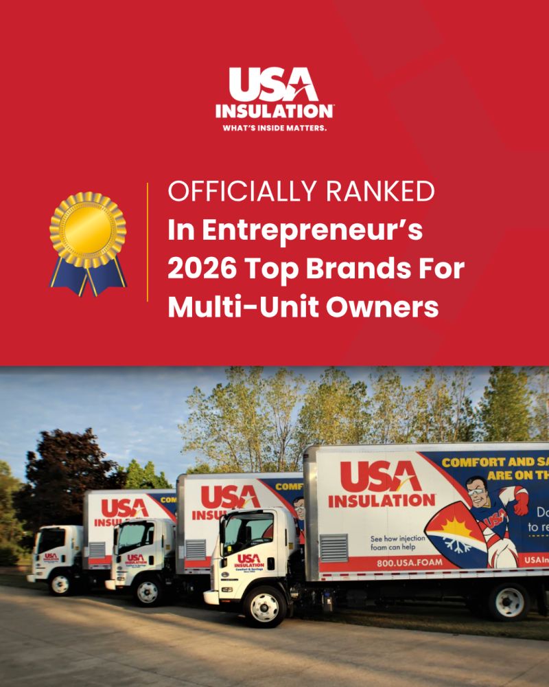 USA Insulation trucks lined up below text announcing Entrepreneur's 2026 Top Brands for Multi-Unit Owners ranking.