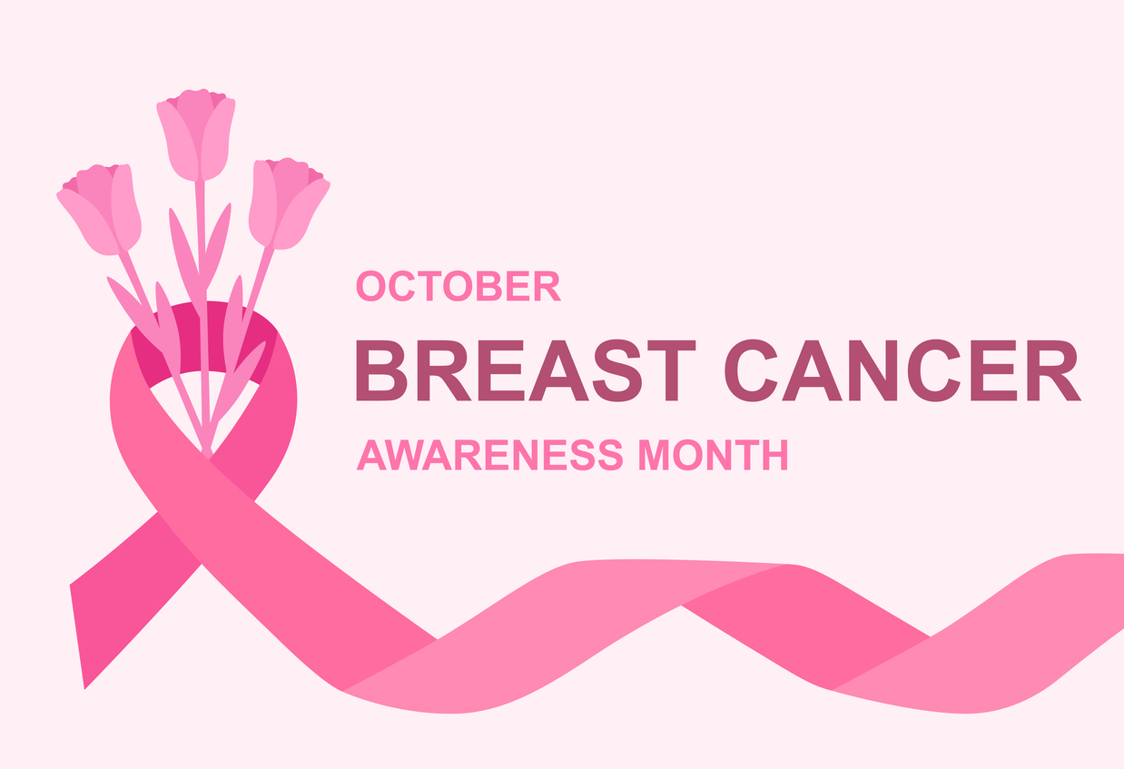 Pink breast cancer awareness ribbon with flowers and overlaid text reading October Breast Cancer Awareness Month
