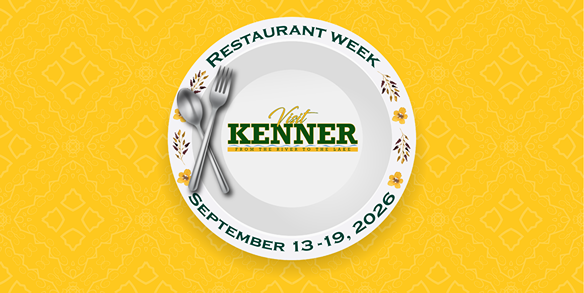 Restaurant Week Kenner September 13-19 2026 logo on a decorative plate with spoon and fork on yellow background