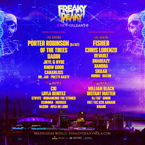 Freaky Deaky New Orleans music festival lineup with skeletons and city skyline at night, October 30-31 2026