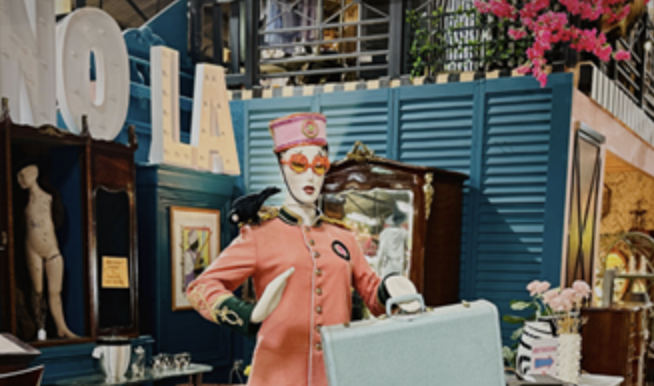 Mannequin dressed in vintage pink uniform with suitcase in colorful retro interior filled with decor items.