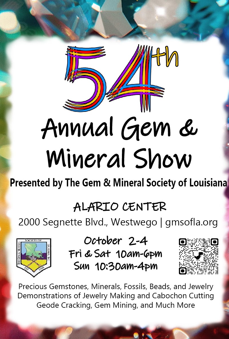 Colorful 54th Annual Gem and Mineral Show flyer with event details and vibrant gemstone background.