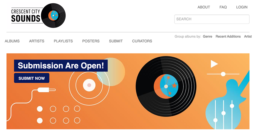 Website header with Crescent City Sounds logo and orange banner inviting music submissions with record and guitar graphics.
