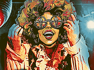 Vibrant retro-style illustration of a joyful woman with curly hair and fleur-de-lis glasses.