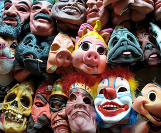 Assortment of colorful and diverse character masks including animal, clown, skull, and human faces displayed closely together