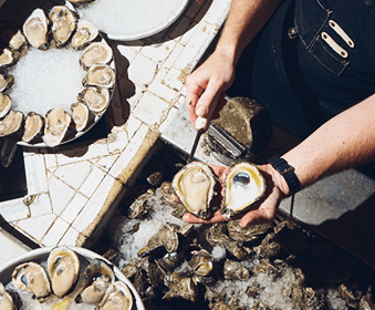 Person shucking fresh oysters over ice with plates of oysters on the side at a seafood market.
