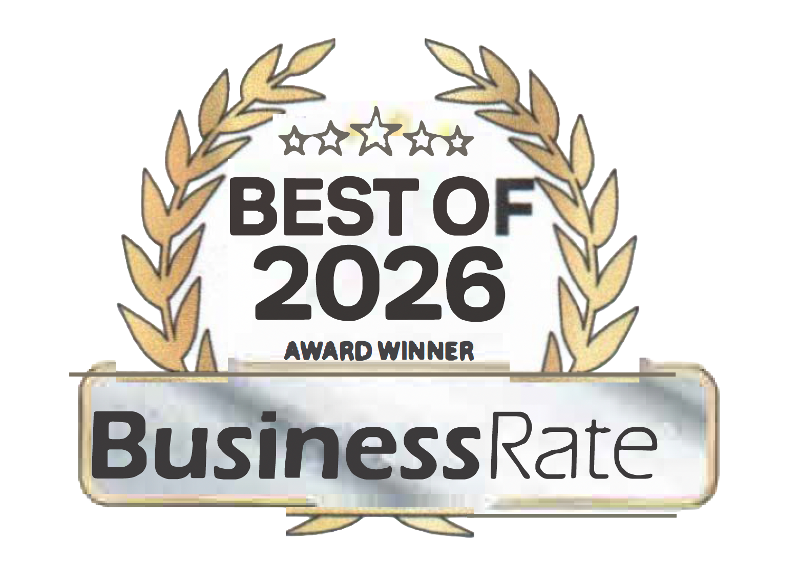 Business Rate Best of 2026 award winner badge with gold laurel wreath and star rating