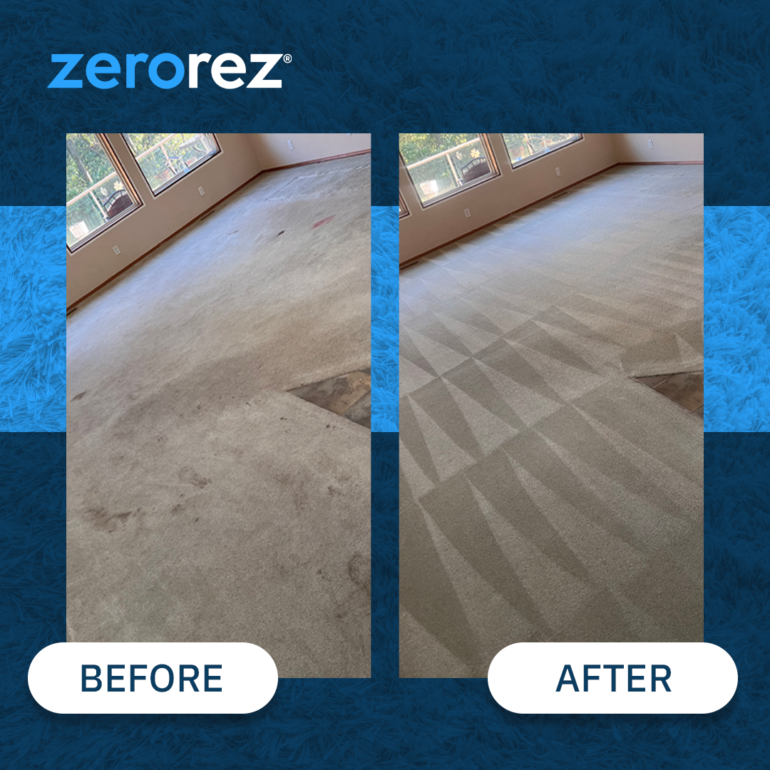 before and after collage of Zerorez carpet cleaning getting rid of water stains on carpet