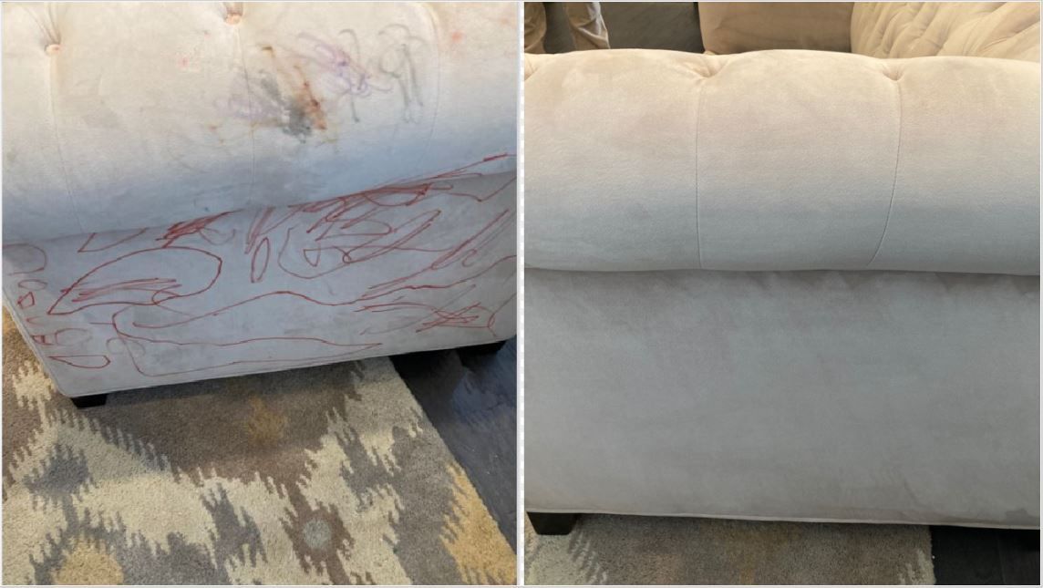 Before and after Zerorez cleaned red ink stains from a microfiber couch