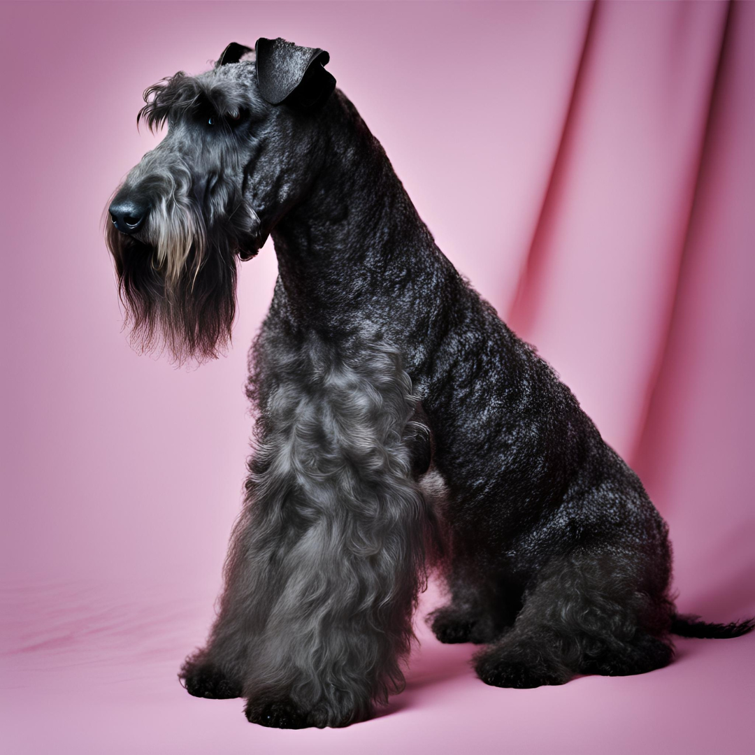 Kerry Blue Terrier sitting on a pink sheet background