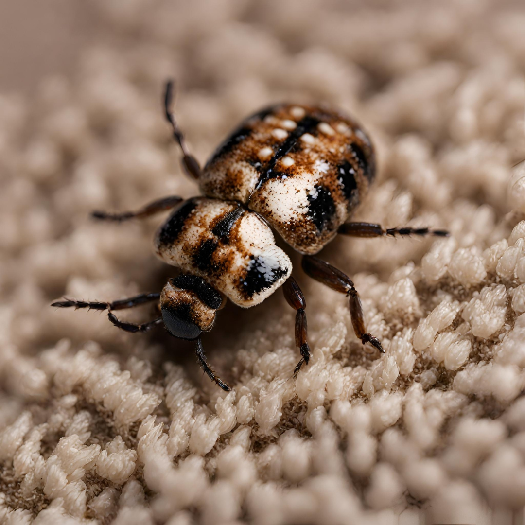close up of a varied carpet beetle on carpet fibers