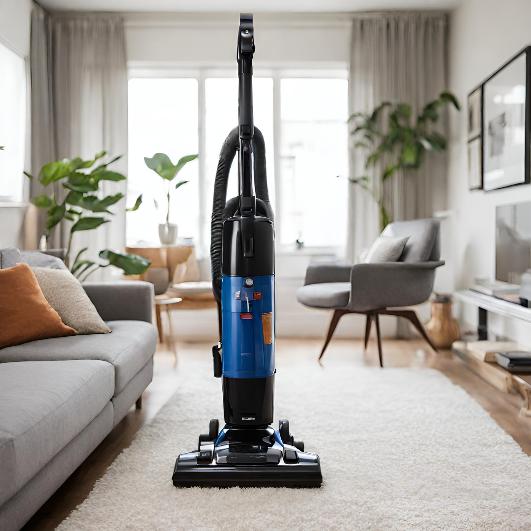 upright black and blue vacuum cleaner on a white rug in a living room
