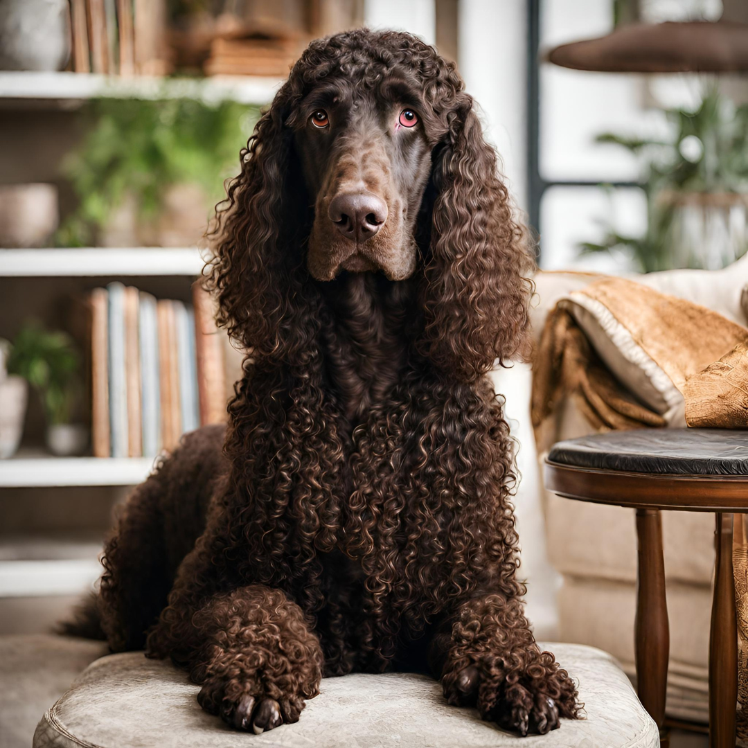 an Irish Water Spaniel, a hypoallergenic dog breed, in a living room