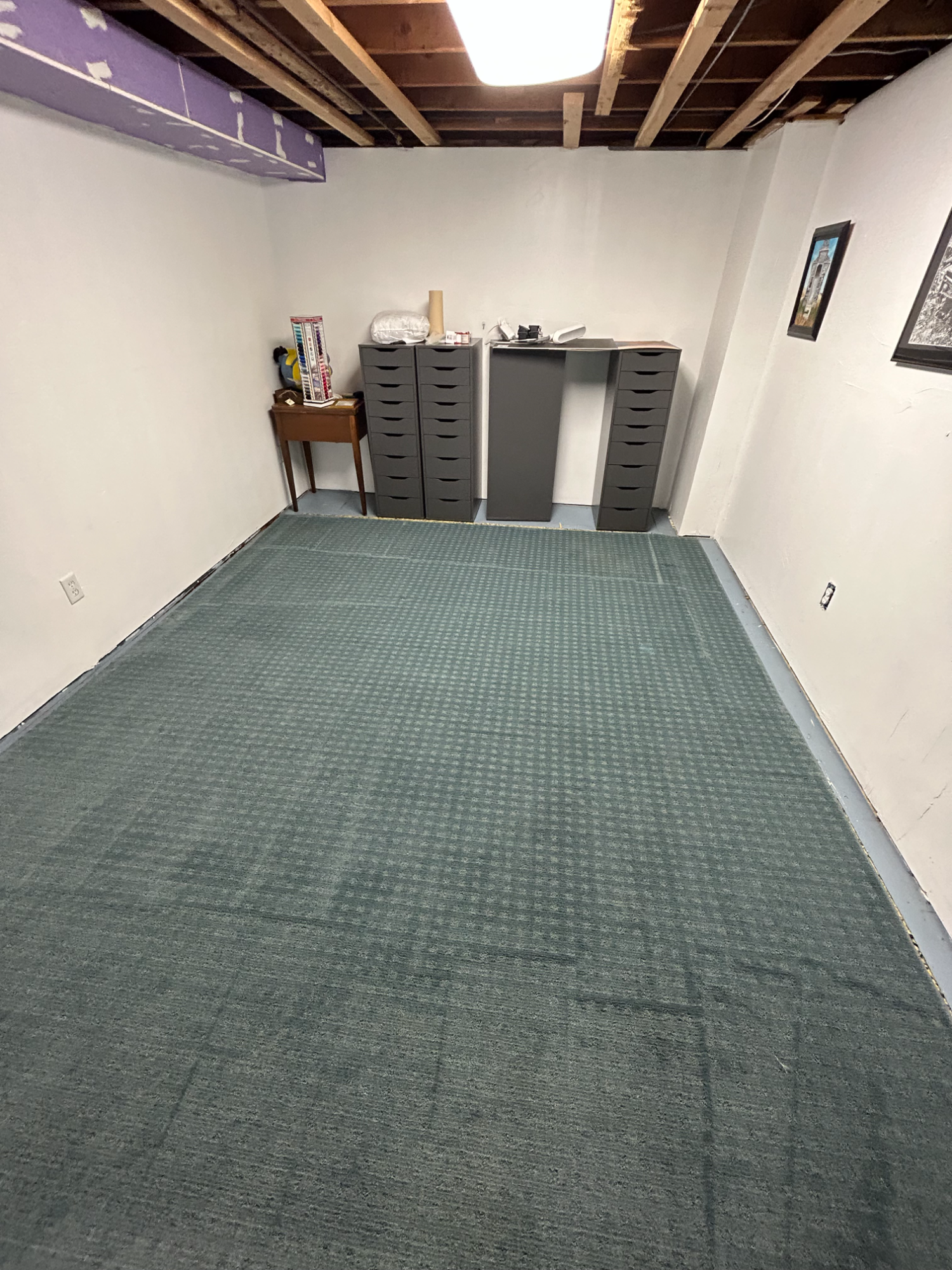 Clean green carpet in the basement after being cleaned by Zerorez carpet cleaning