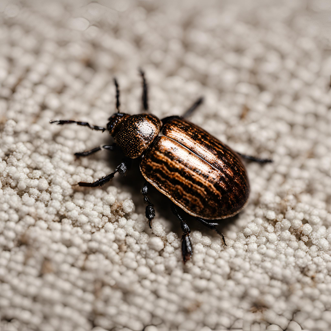 close up of a carpet beetle on a beige and white carpet or rug